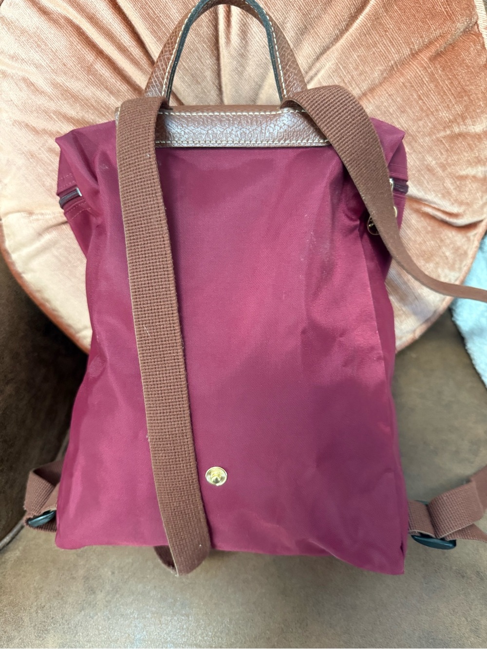 Longchamp Burgundy Nylon Backpack with Brown Leather Flap - Picture 2 of 6